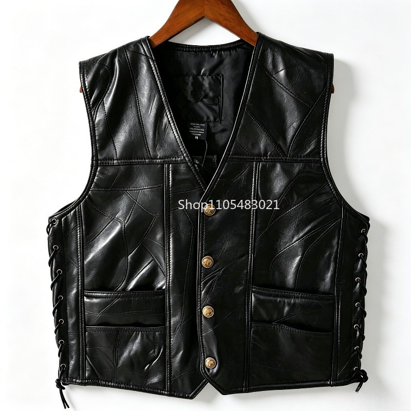 Leather Work Jacket - Gilet de motard en cuir noir