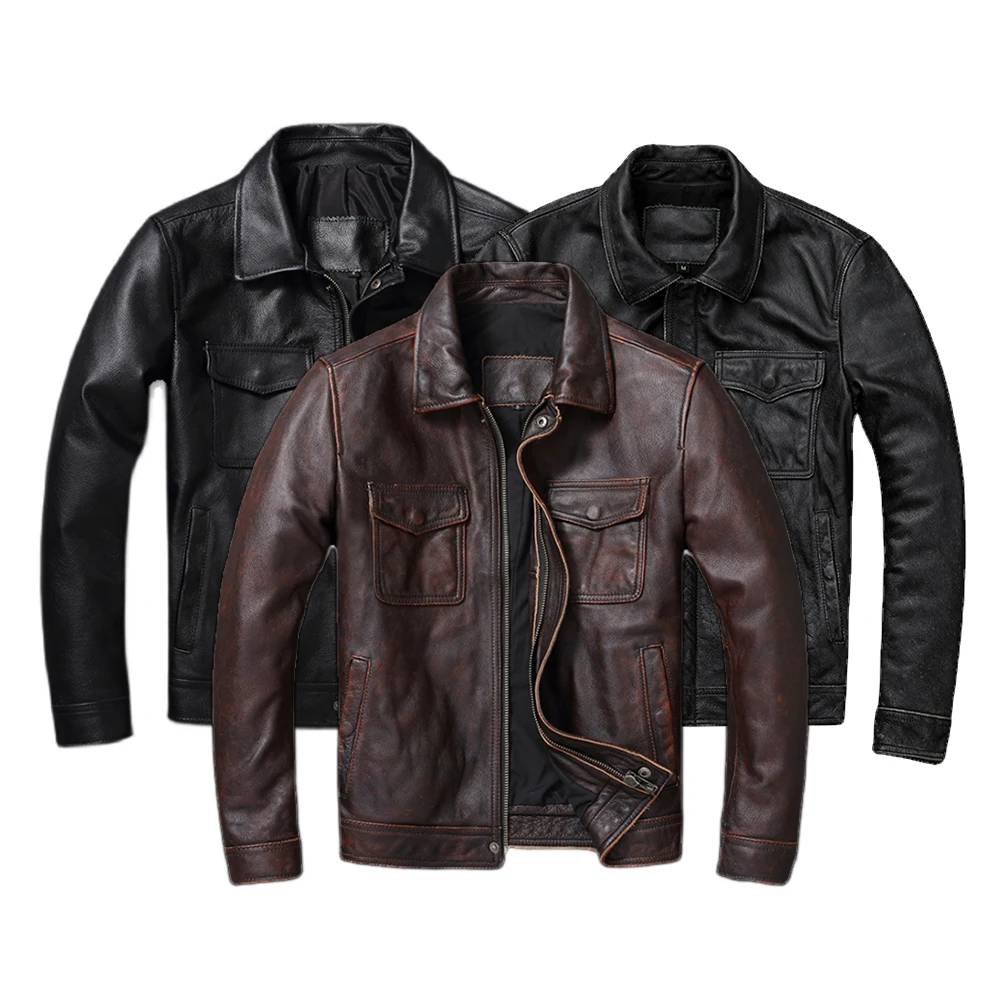 Leather Work Jacket - Veste en cuir véritable vintage marron